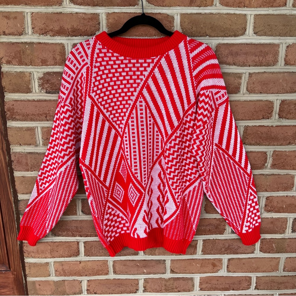 Cozy, Red and White Geometric Pattern 80's Sweater. Galaxie. KC Chiefs colors
